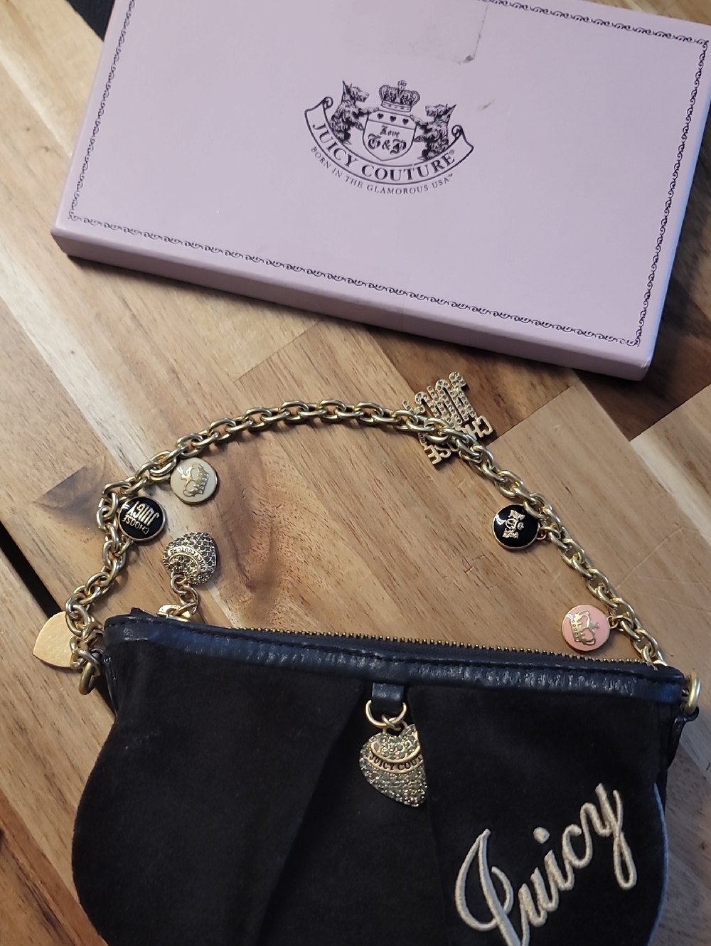 Juicy Couture Black Velvet Wristlet with Gold Chain and Charms